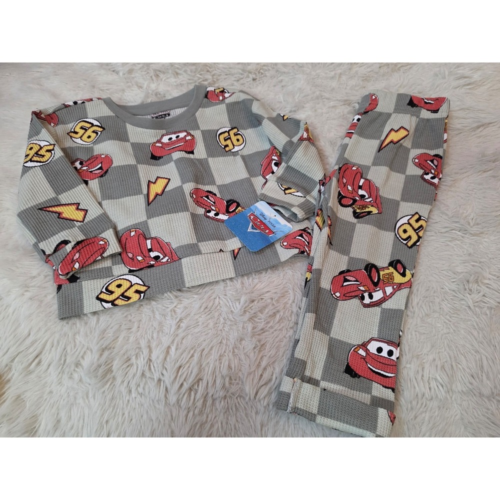 Disney Pixar Cars Lightning McQueen Checkered Waffle Thermal Pajama Set 18M NWT